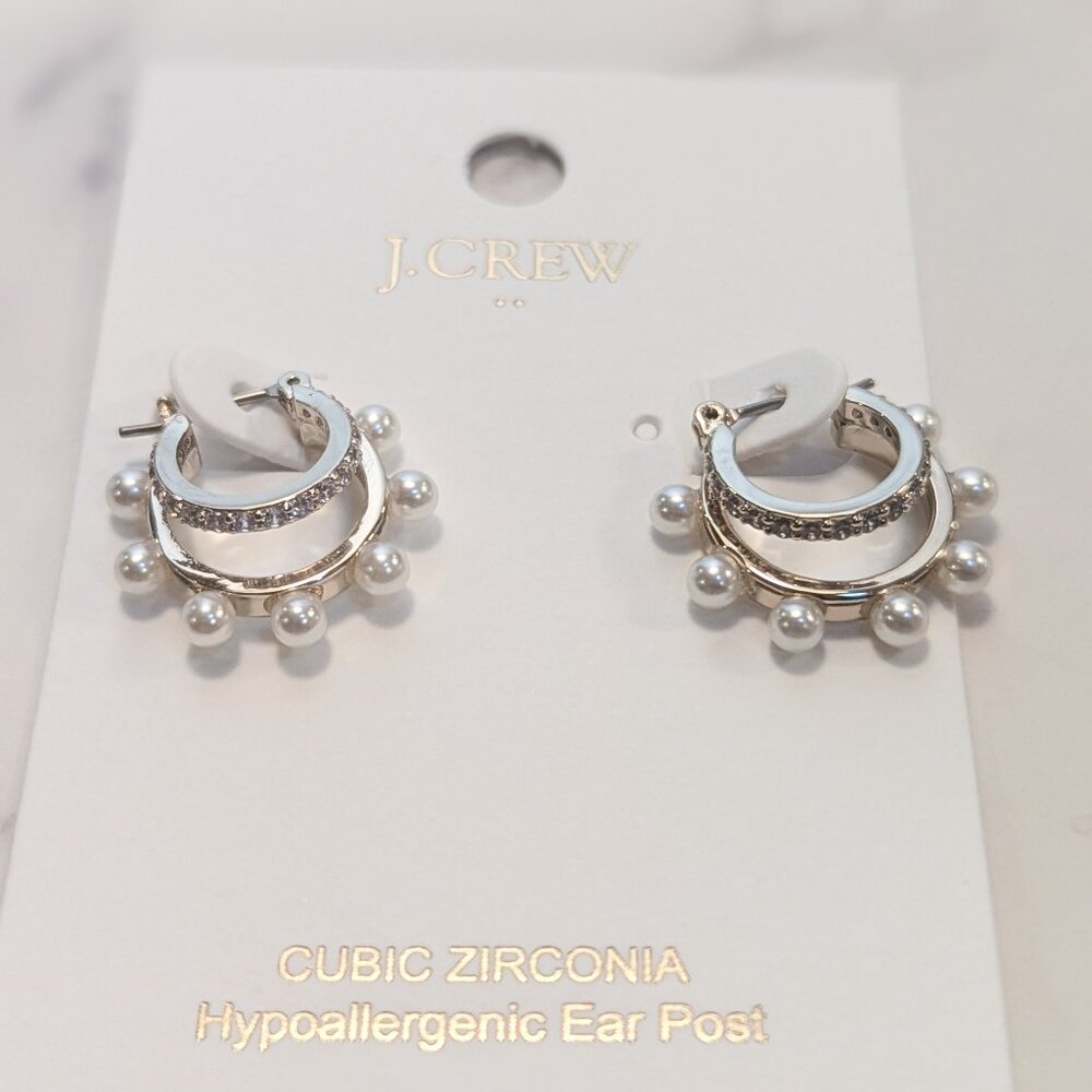 J.Crew Factory Mini Pearl and Pavé Double-Hoop Earrings